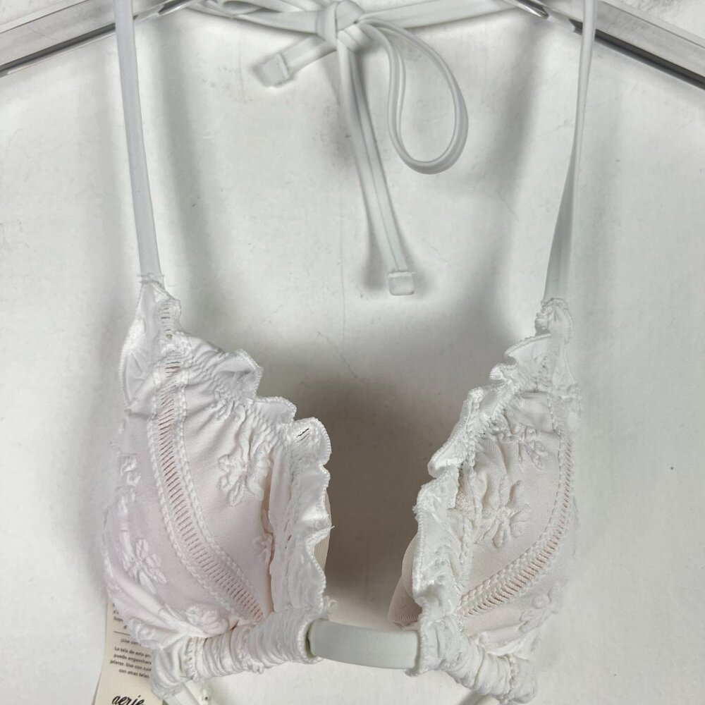 NWT Aerie Perky Triangle Bikini Top Embroidered Floral Ruffle White Size Small S - Picture 2 of 9